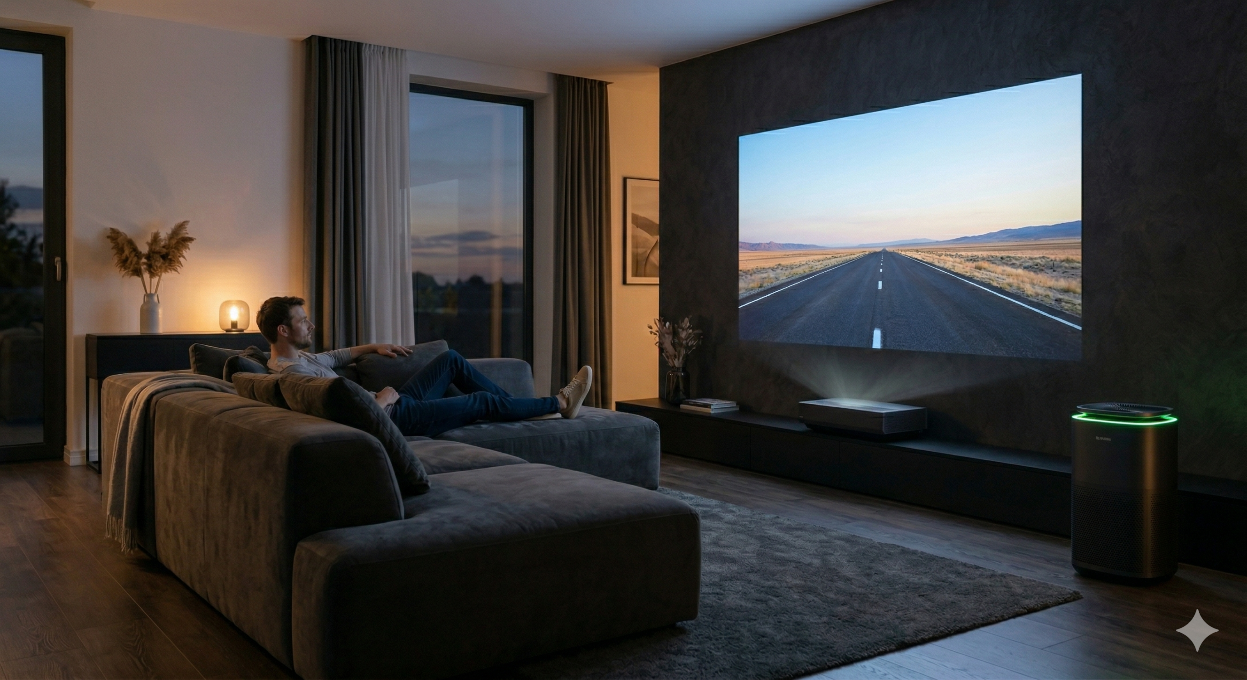 Zona living relax ottimizzato proiettore 4K e purificatore d'aria