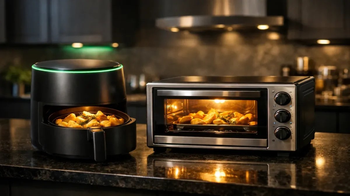Confronto tecnico tra friggitrice ad aria e fornetto elettrico moderno in cucina premium Gorilla Market, focus su efficienza energetica e design Solid Tech