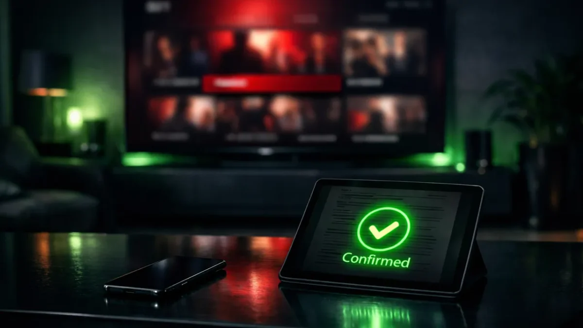 Primo piano di uno smartphone e un tablet con un documento legale digitale e una spunta verde 'Confermato' in un soggiorno moderno di notte, con una TV accesa sullo sfondo che mostra un'interfaccia di streaming sfocata. Atmosfera tech-focused e professionale Gorilla Market